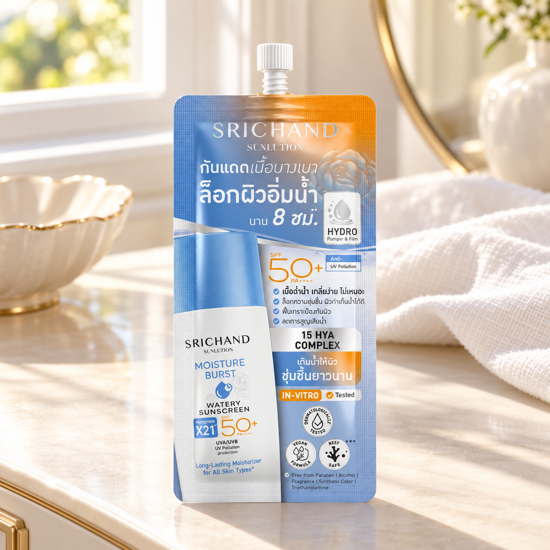Srichand Sunlution Moisture Burst Watery Sunscreen SPF50+ PA++++ 7ml 7 ml — lifestyle view 2, serving or routine illustration