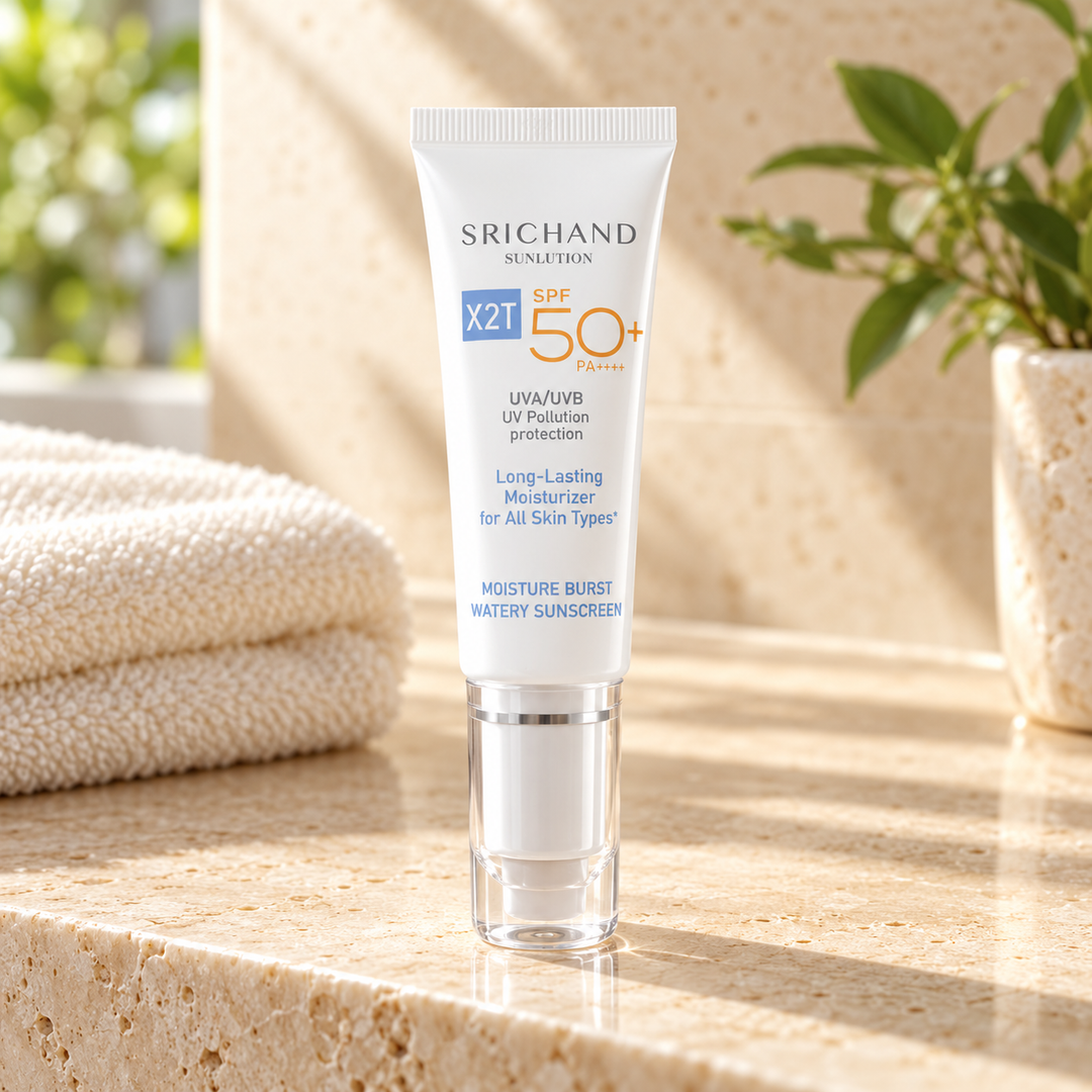 Srichand Sunlution Moisture Burst Watery Sunscreen SPF50+ PA++++ 15ml 15 ml — lifestyle view 1, serving or routine illustration