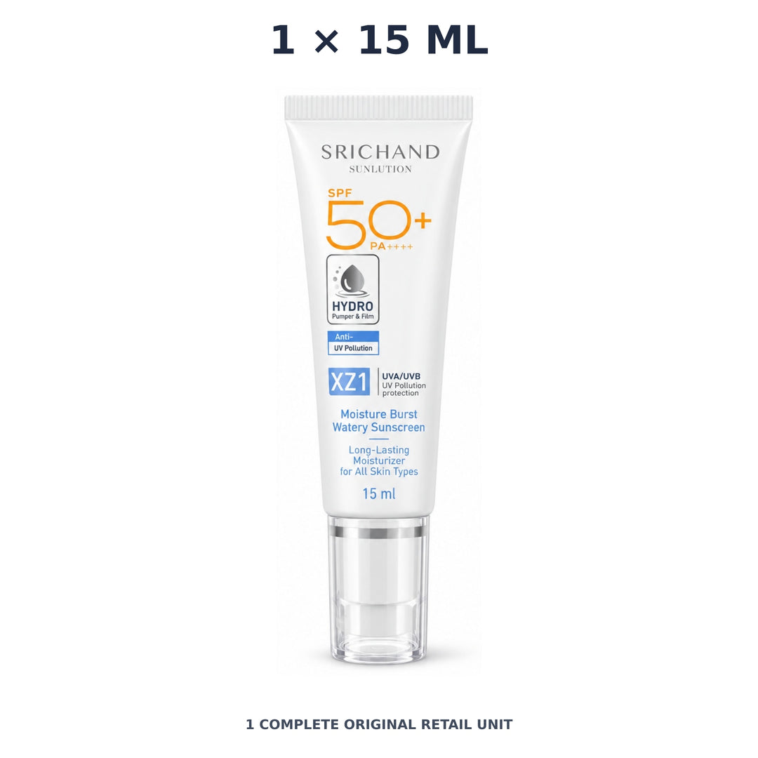 Srichand Sunlution Moisture Burst Watery Sunscreen SPF50+ PA++++ 15ml – 1 × 15 ml — exact quantity shown on white background