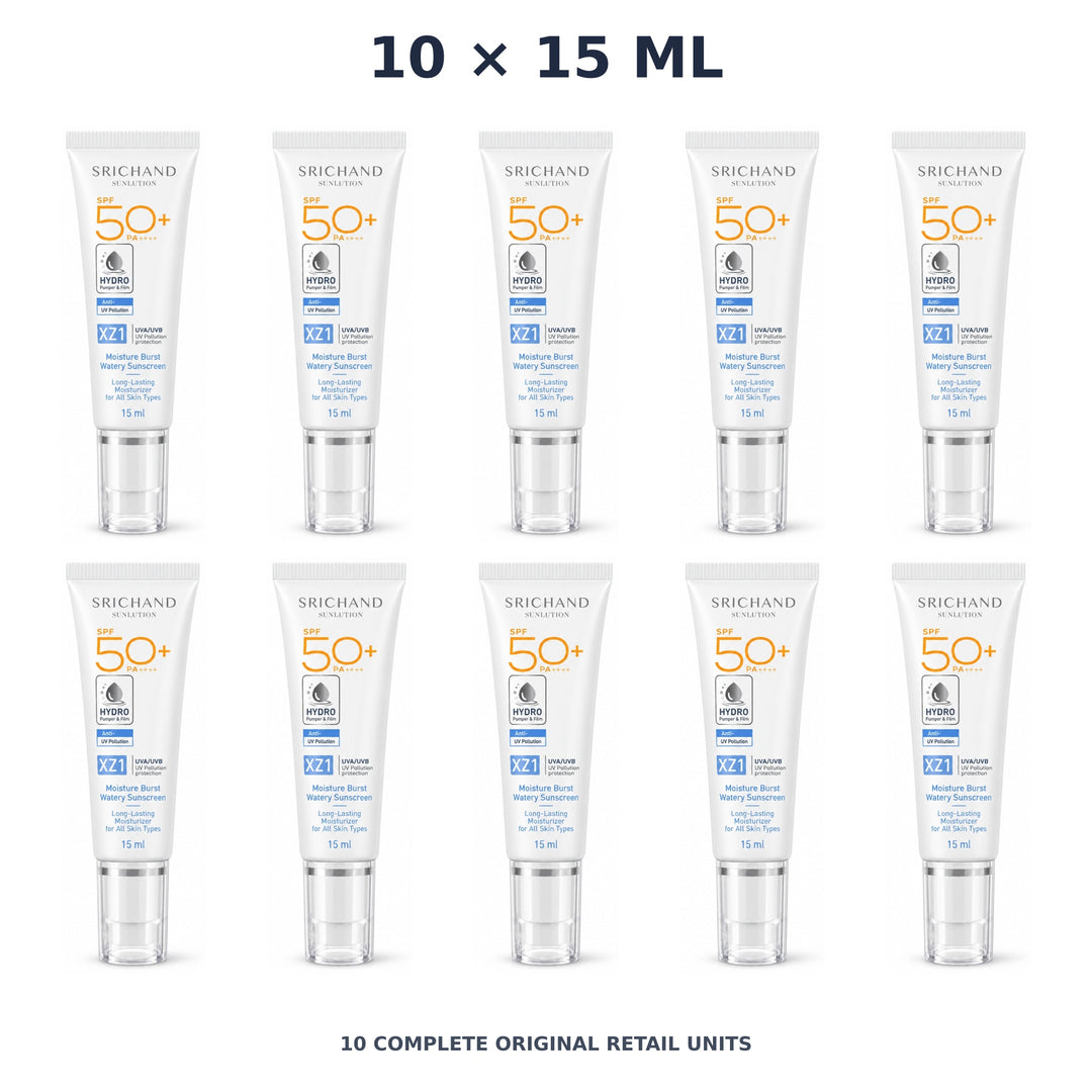 Srichand Sunlution Moisture Burst Watery Sunscreen SPF50+ PA++++ 15ml – 10 × 15 ml — exact quantity shown on white background