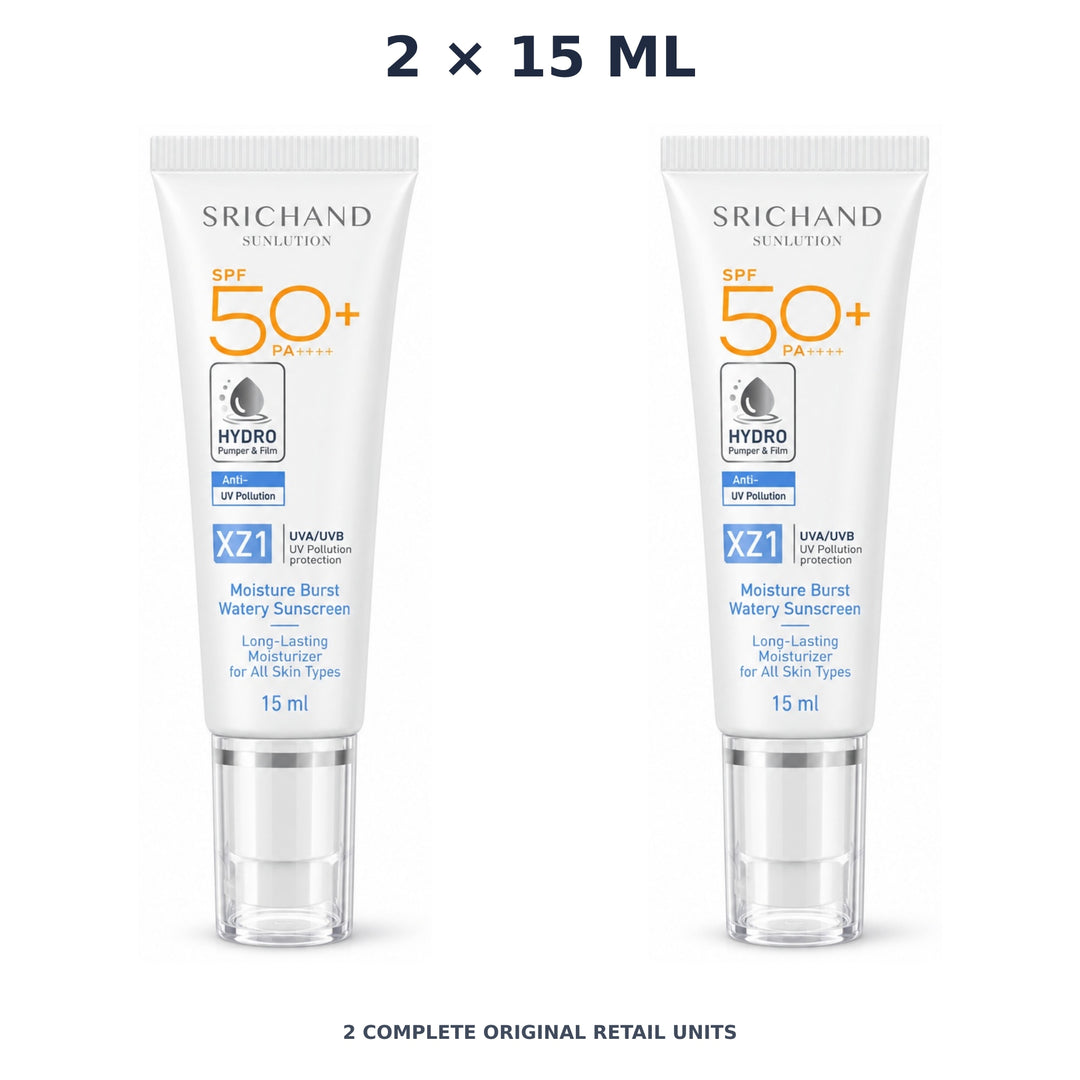 Srichand Sunlution Moisture Burst Watery Sunscreen SPF50+ PA++++ 15ml – 2 × 15 ml — exact quantity shown on white background