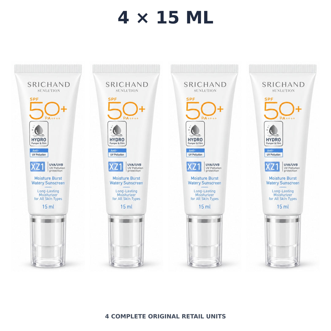 Srichand Sunlution Moisture Burst Watery Sunscreen SPF50+ PA++++ 15ml – 4 × 15 ml — exact quantity shown on white background