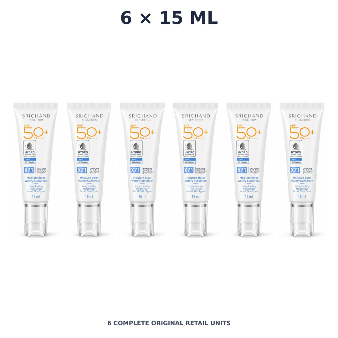 Srichand Sunlution Moisture Burst Watery Sunscreen SPF50+ PA++++ 15ml – 6 × 15 ml — exact quantity shown on white background