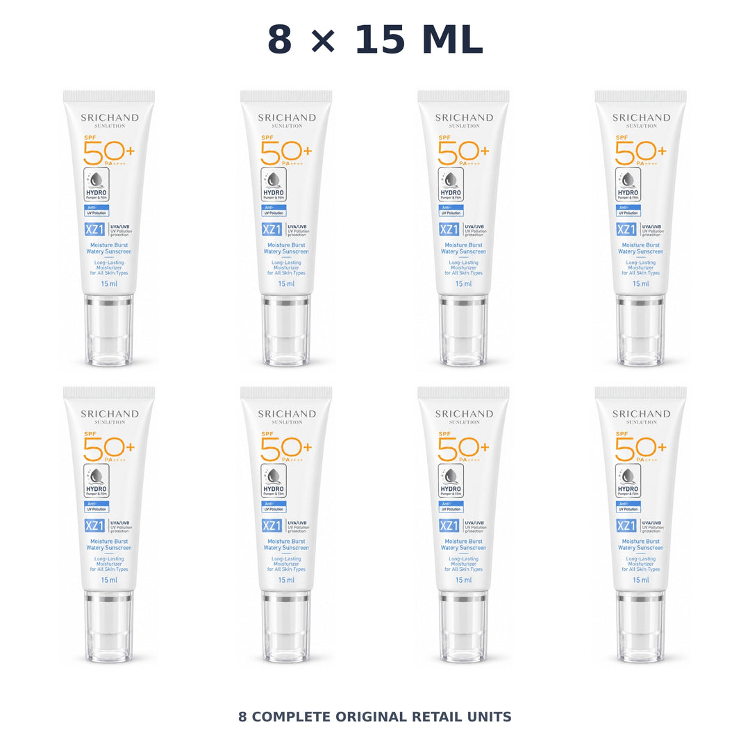 Srichand Sunlution Moisture Burst Watery Sunscreen SPF50+ PA++++ 15ml – 8 × 15 ml — exact quantity shown on white background