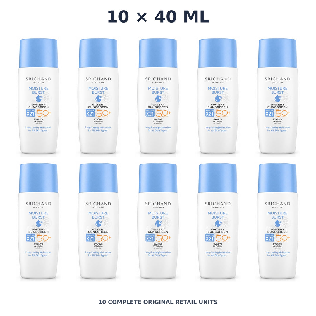 Srichand Sunlution Moisture Burst Watery Sunscreen SPF50+ PA++++ 40ml – 10 × 40 ml — exact quantity shown on white background