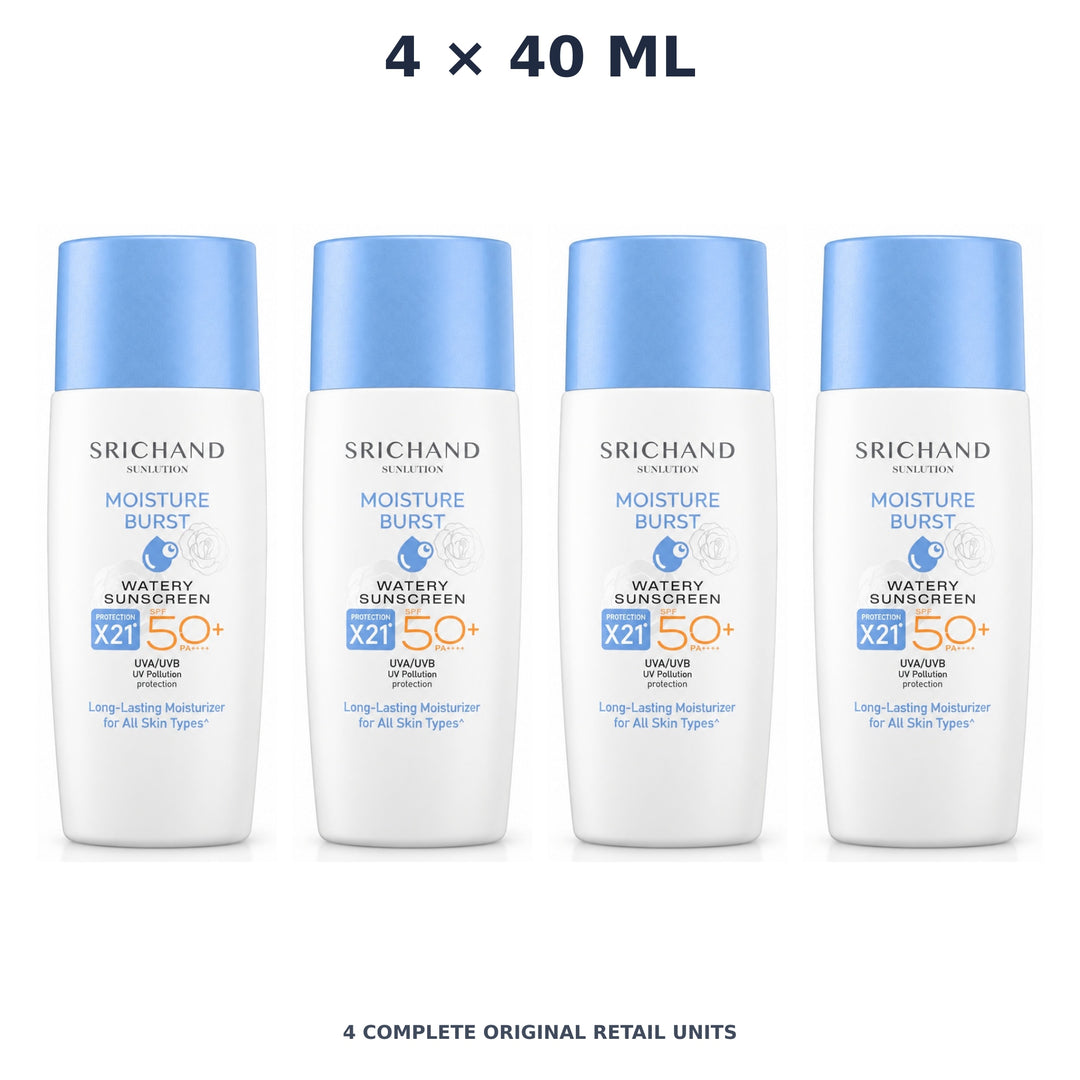 Srichand Sunlution Moisture Burst Watery Sunscreen SPF50+ PA++++ 40ml – 4 × 40 ml — exact quantity shown on white background