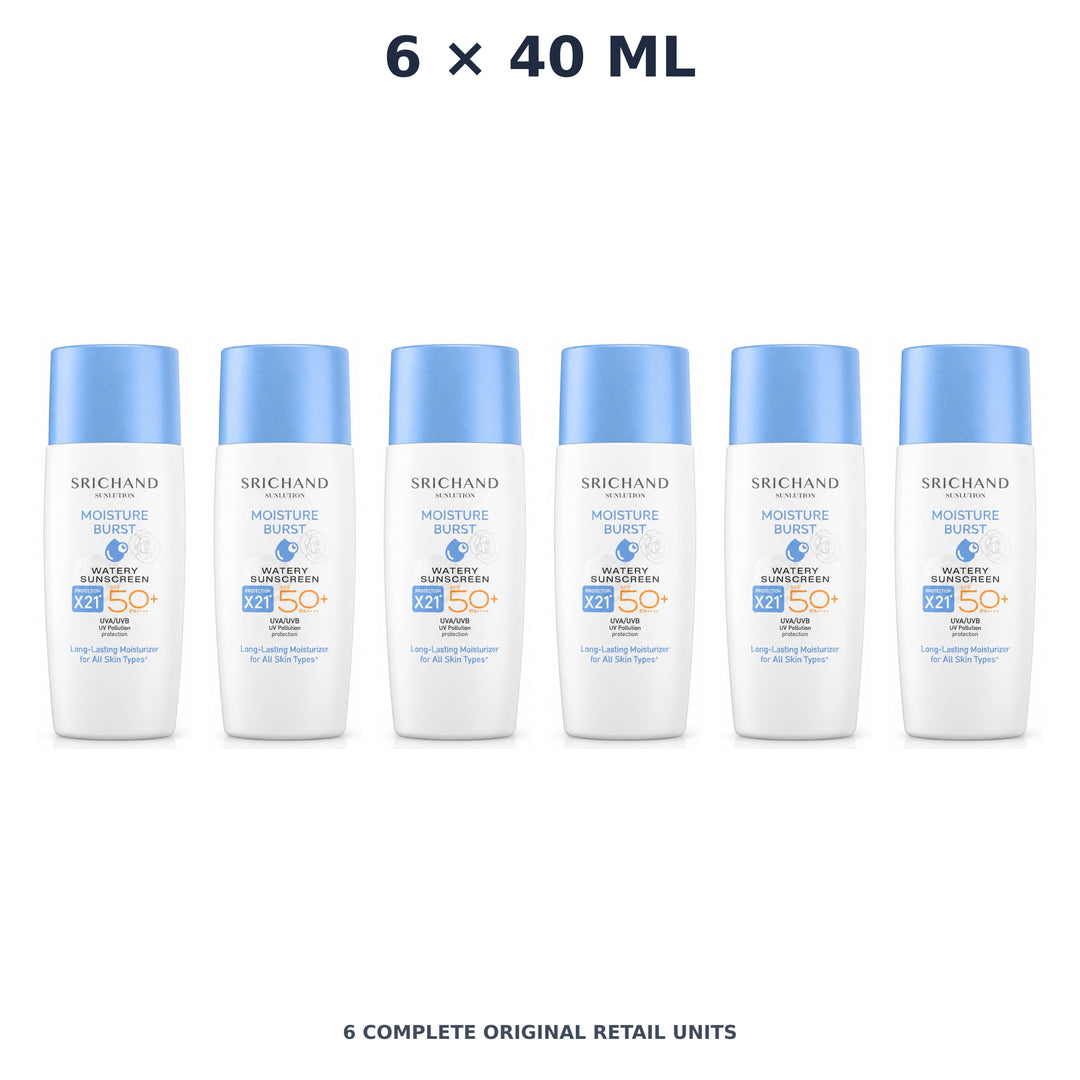 Srichand Sunlution Moisture Burst Watery Sunscreen SPF50+ PA++++ 40ml – 6 × 40 ml — exact quantity shown on white background