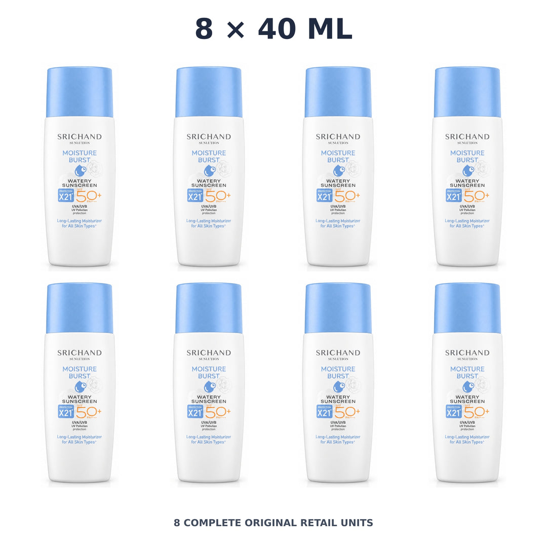 Srichand Sunlution Moisture Burst Watery Sunscreen SPF50+ PA++++ 40ml – 8 × 40 ml — exact quantity shown on white background