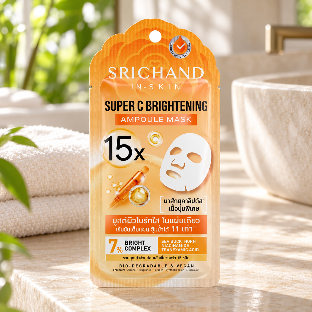 Srichand Super C Brightening 15X Ampoule Mask 18ml 18 ml sheet mask — lifestyle view 1, serving or routine illustration