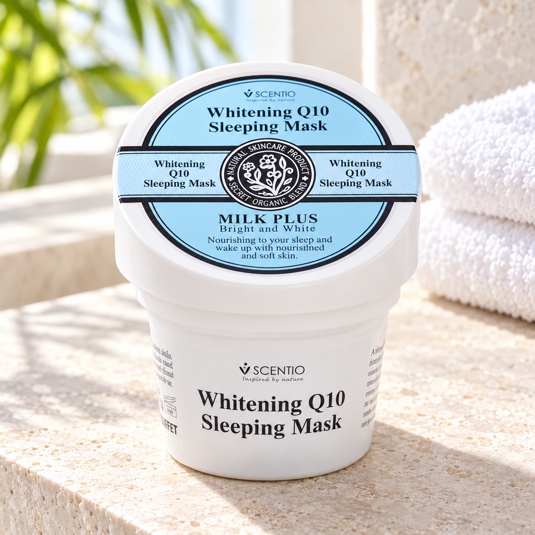 Scentio Milk Plus Brightening Q10 Sleeping Mask 45 g — jar beside folded towels on a bathroom counter
