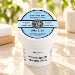 Scentio Milk Plus Brightening Q10 Sleeping Mask 45 g — jar on a sunlit bathroom counter