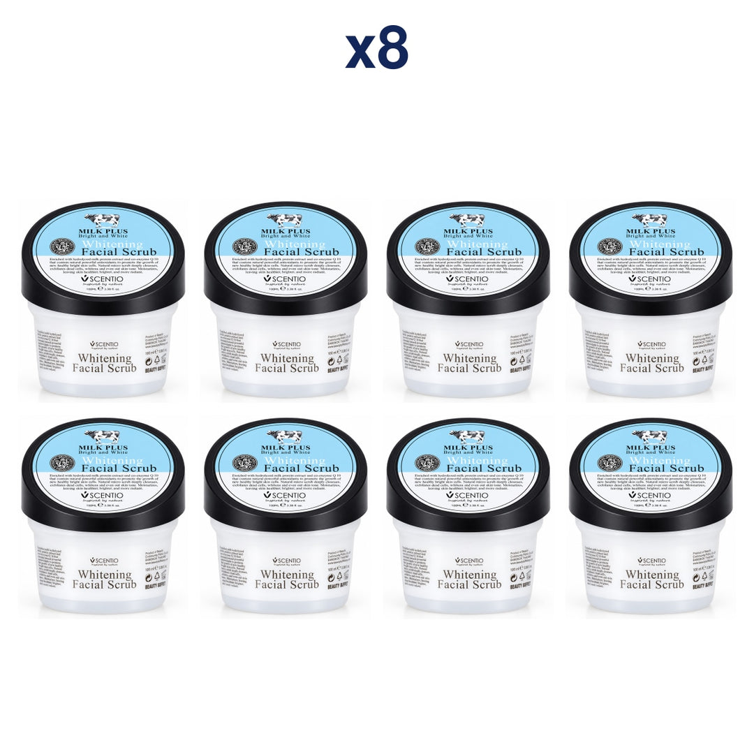 Scentio Milk Plus Whitening Q10 Facial Scrub 100 ml — Pack of 8 — 8 complete retail units