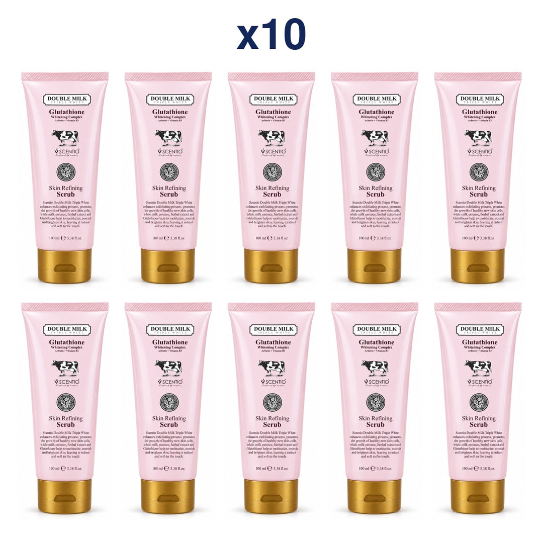 Scentio Double Milk Triple White Skin Refining Scrub 100 ml — Pack of 10 — 10 complete retail units