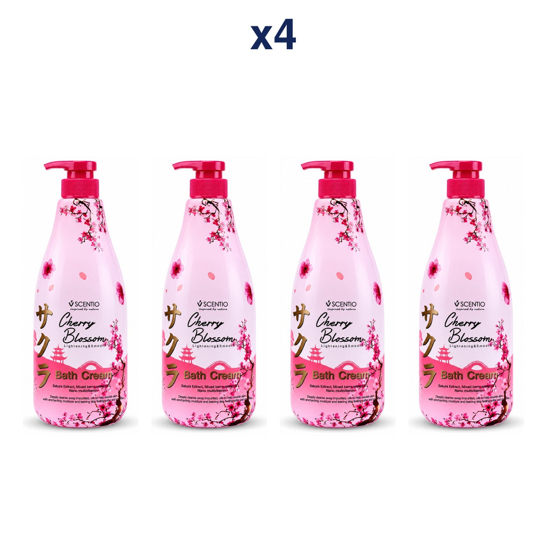 Scentio Cherry Blossom Lightening & Smooth Bath Cream 700 ml — Pack of 4 — 4 complete retail units
