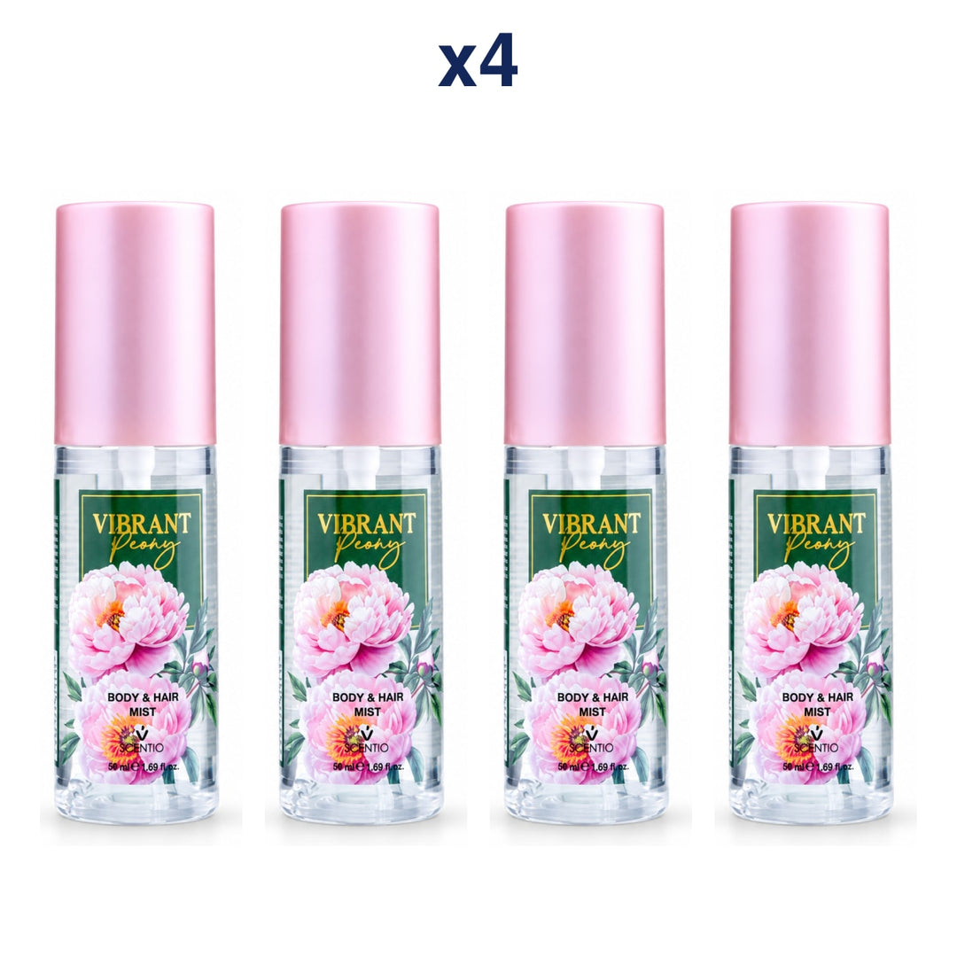 Scentio Vibrant Peony Body & Hair Mist 50 ml — Pack of 4 — 4 complete retail units