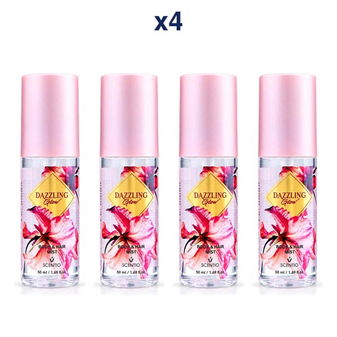 Scentio Dazzling Glow Body & Hair Mist 50 ml — Pack of 4 — 4 complete retail units