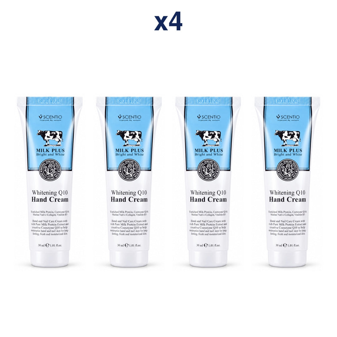 Scentio Milk Plus Whitening Q10 Hand Cream 30 ml — Pack of 4 — 4 complete retail units