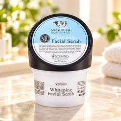 Scentio Milk Plus Whitening Q10 Facial Scrub 100 ml — jar on a bright bathroom counter