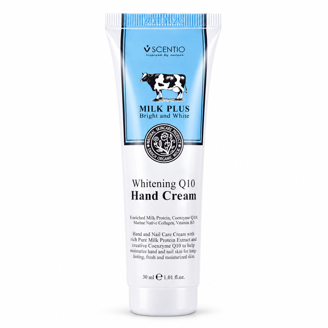 Scentio Milk Plus Whitening Q10 Hand Cream 30 ml on white background