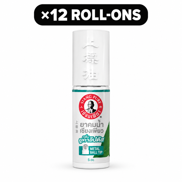 Single Siang Pure Liquid Inhalant Eucalyptus 5cc with ×12 ROLL-ONS quantity badge at top centre