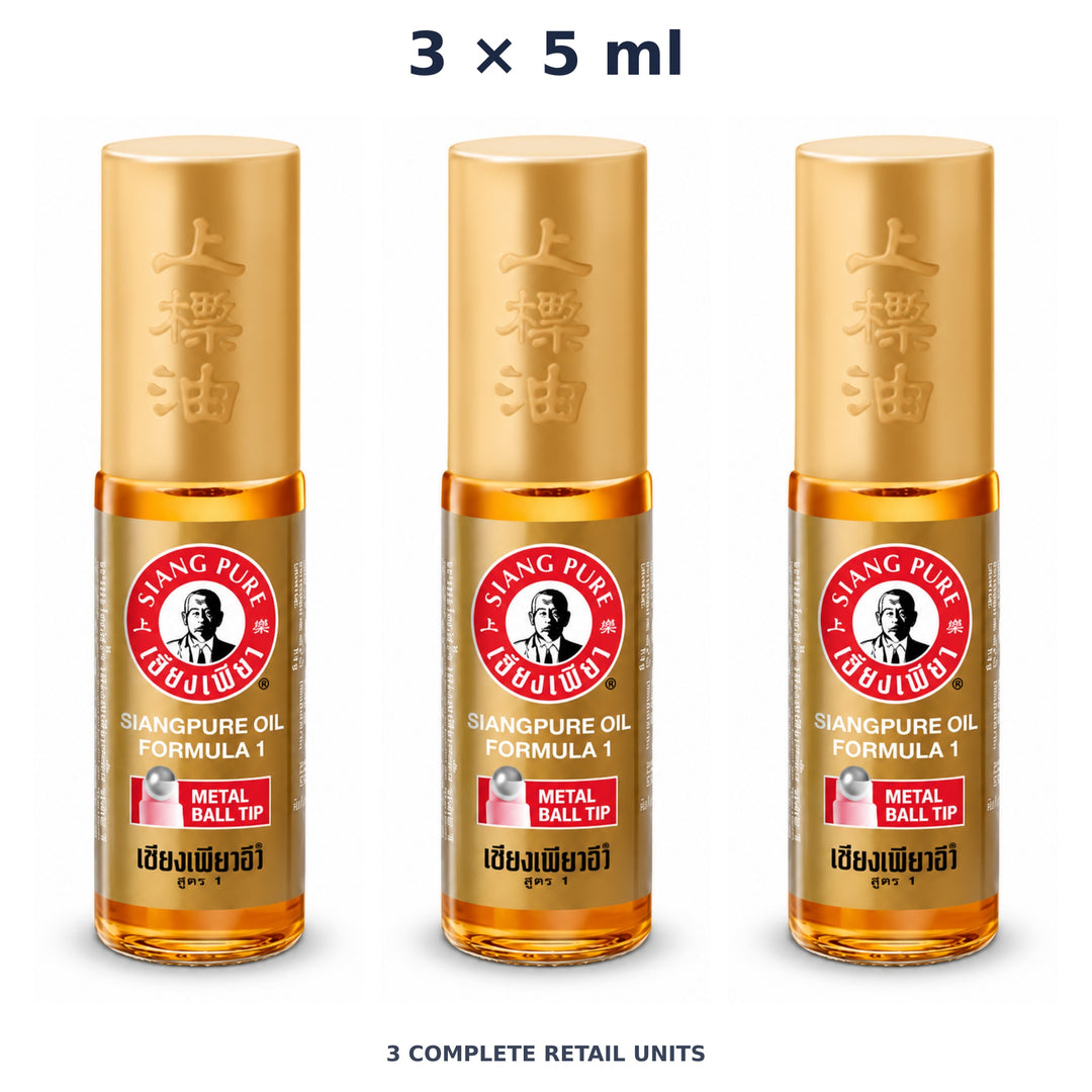 Siang Pure Oil Formula I Metal Ball Tip 5 ml — 3 Roll-Ons. Exact quantity sold.