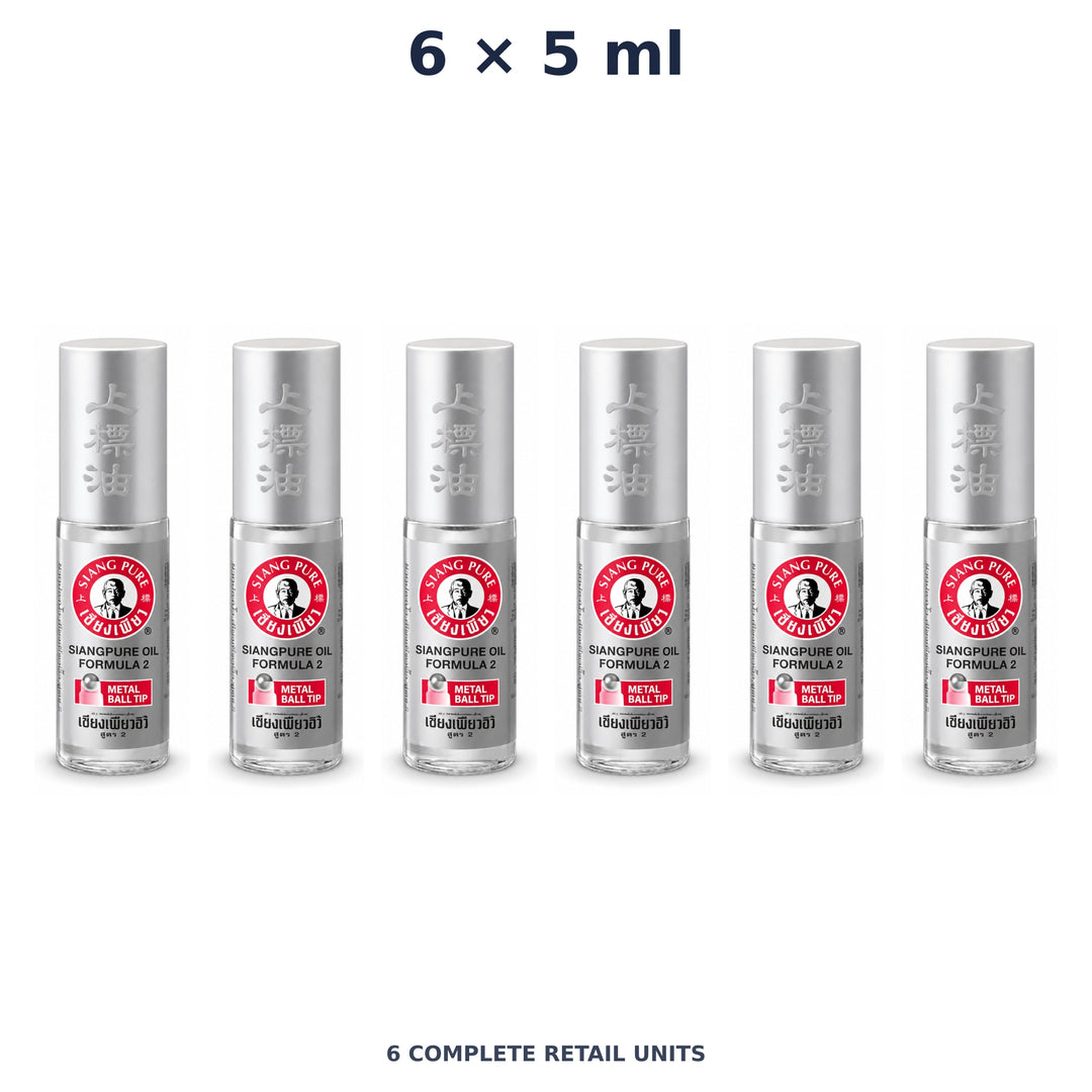 Siang Pure Oil Formula II Metal Ball Tip 5 ml — 6 Roll-Ons. Exact quantity sold.