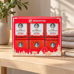 Siang Pure Mixed Balm Gift Box — 3 White + 3 Yellow × 12 g. Lifestyle reference photograph; see the main pack image for the quantity included.