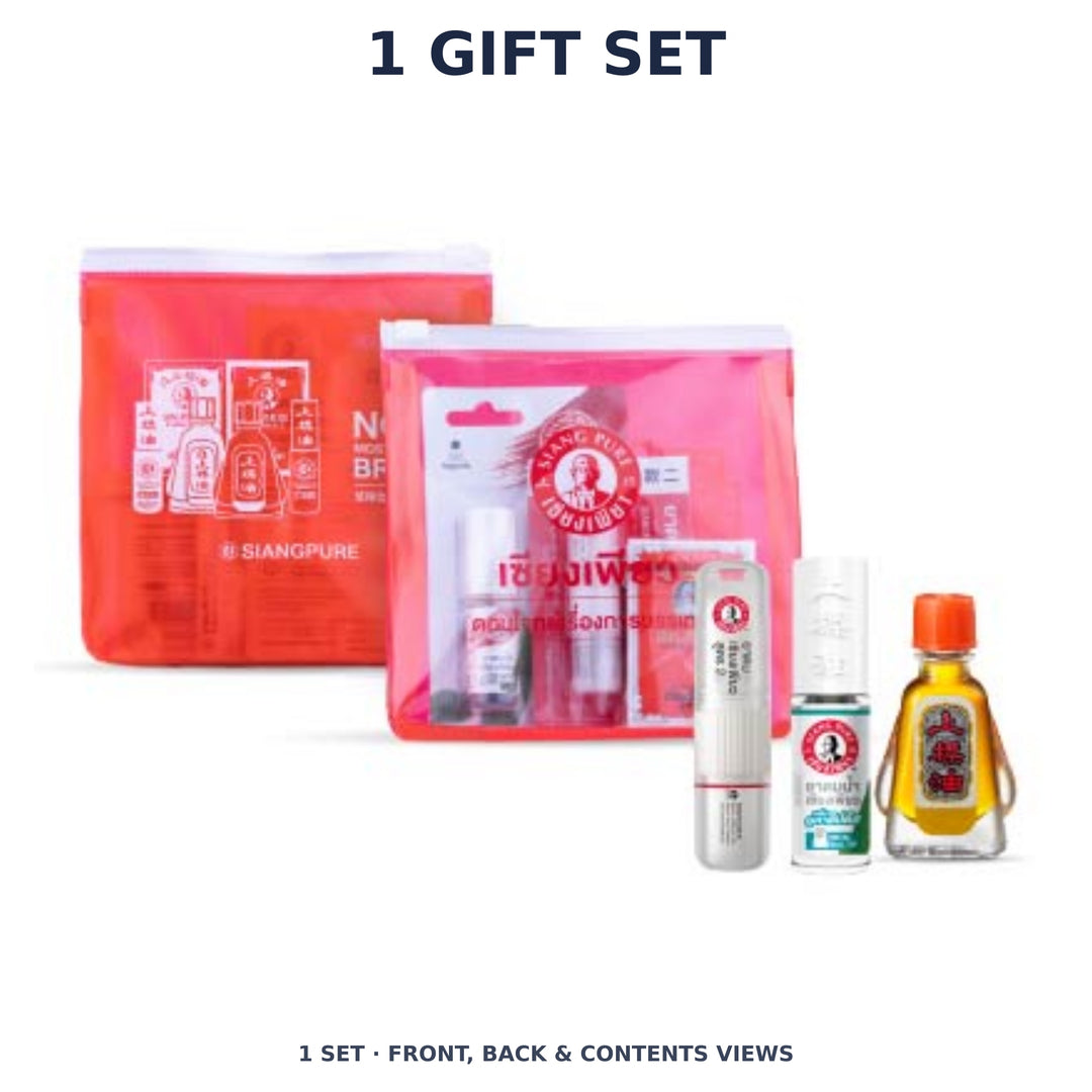 Siang Pure Refresh Breathe Gift Pouch — 3 Products — 1 Gift Set. Manufacturer front, back and contents views of each complete set.