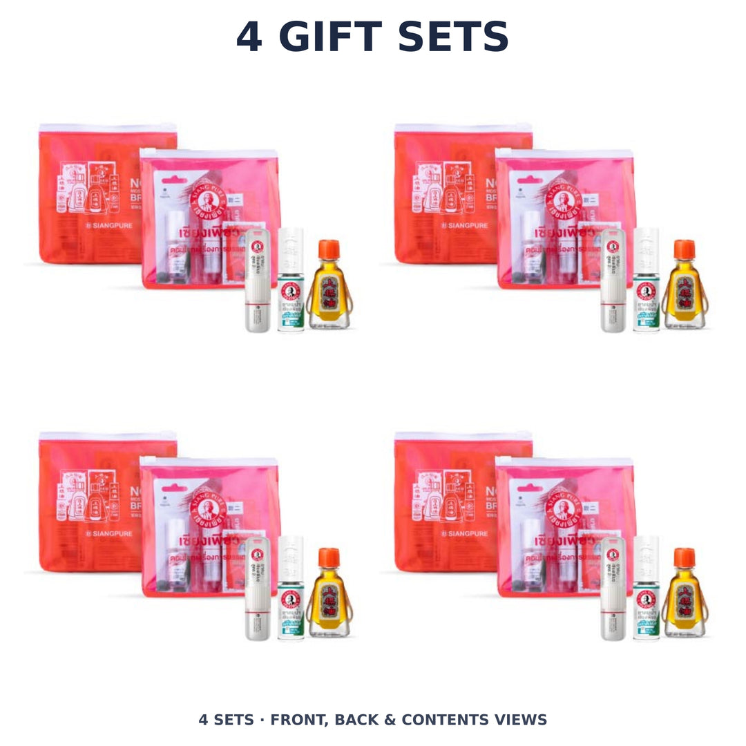 Siang Pure Refresh Breathe Gift Pouch — 3 Products — 4 Gift Sets. Manufacturer front, back and contents views of each complete set.