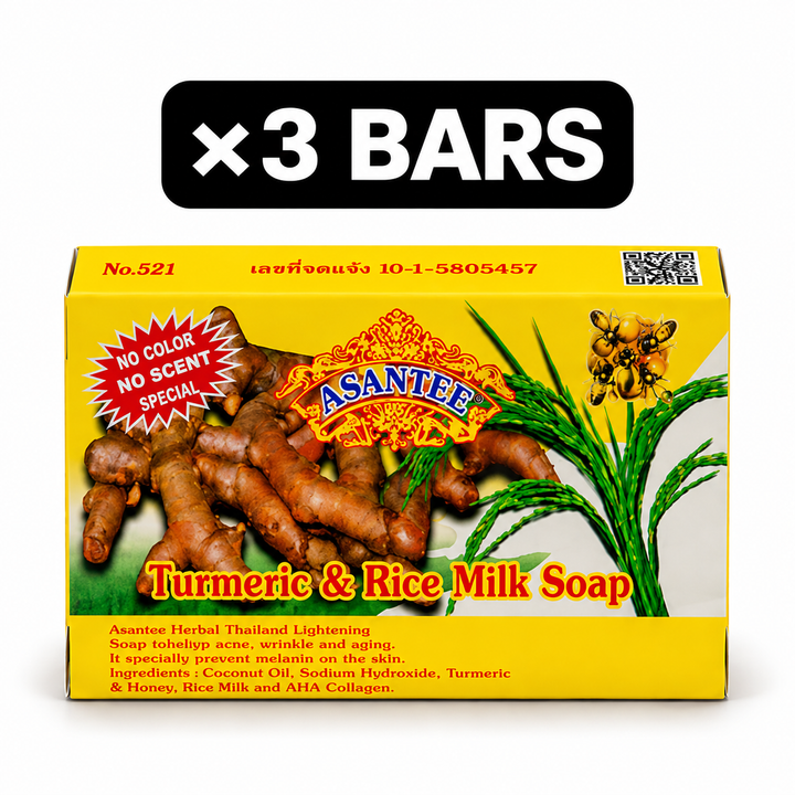 One retail box of ASANTEE Turmeric & Rice Milk Soap No. 521, quantity badge ×3 BARS