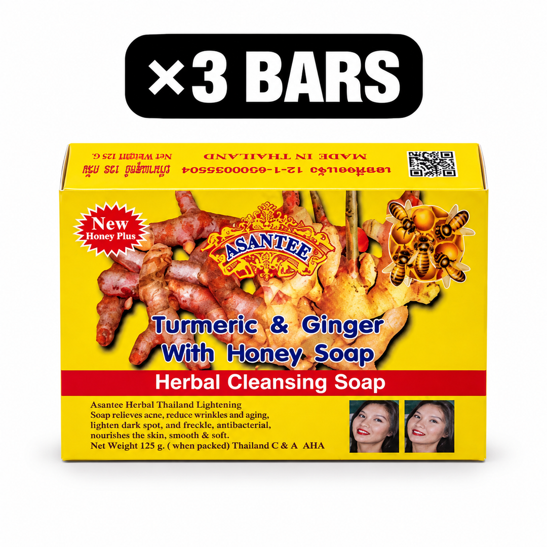 One retail box of ASANTEE Turmeric & Ginger With Honey Soap, quantity badge ×3 BARS