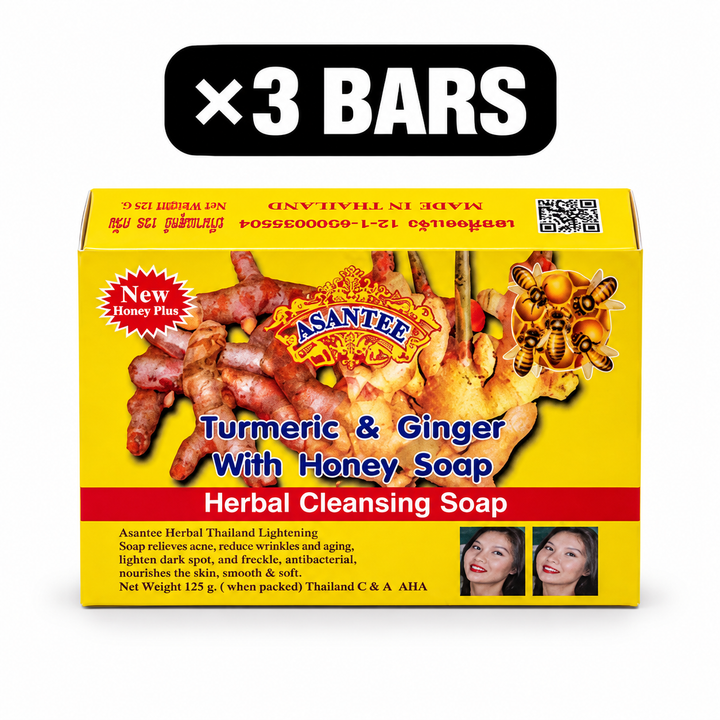 One retail box of ASANTEE Turmeric & Ginger With Honey Soap, quantity badge ×3 BARS