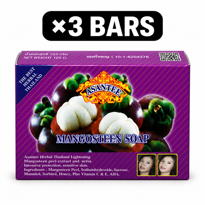 One retail box of ASANTEE Mangosteen Soap, quantity badge ×3 BARS