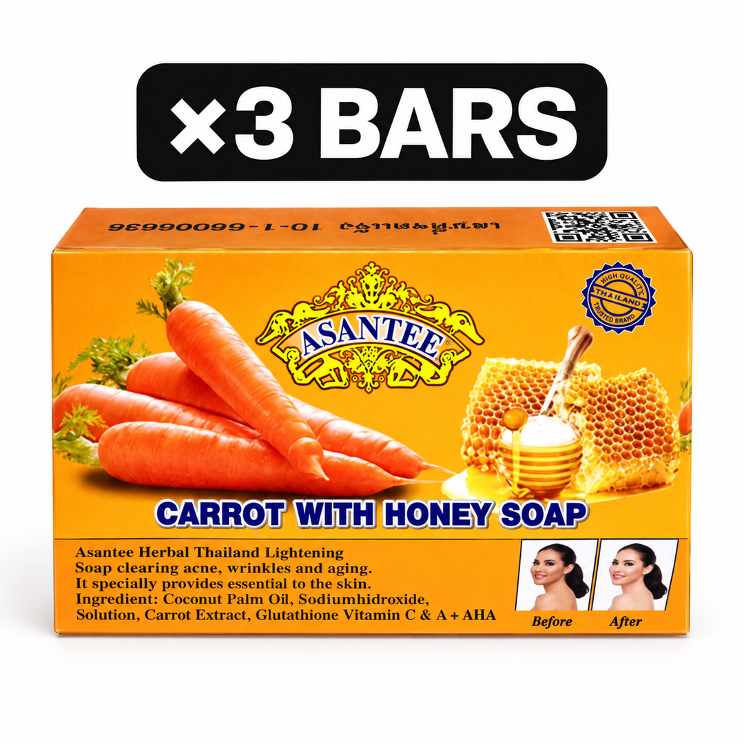One retail box of ASANTEE Carrot With Honey Soap No. 017, quantity badge ×3 BARS