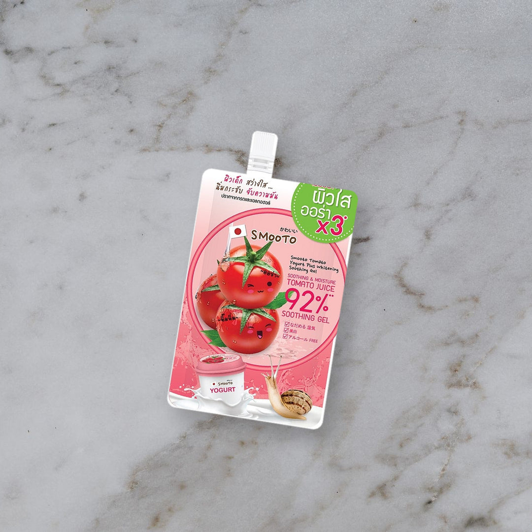 Smooto Smooto Tomato Yogurt Plus Soothing Gel 50 g, vue sur marbre