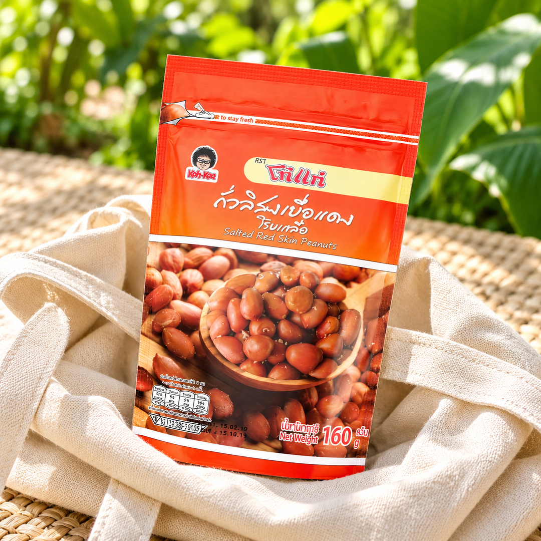 Koh-Kae Salted Red-Skin Peanuts lifestyle illustration, individual 160 g pouch