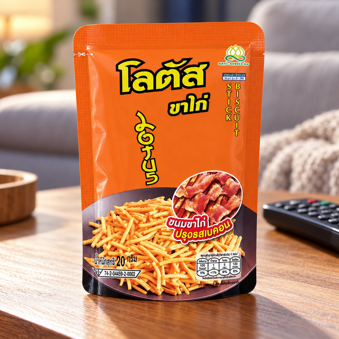 Lotus Bacon Flavour Chicken-Leg-Shaped Snacks, individual 20 g pouch in a lifestyle scene