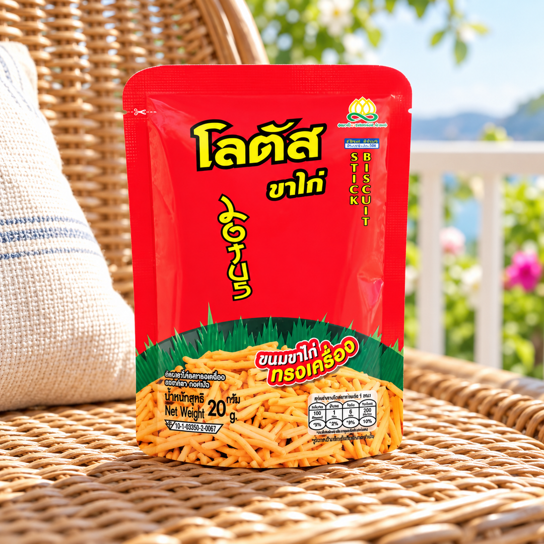 Lotus Original Seasoned Chicken-Leg-Shaped Snacks, individual 20 g pouch in a lifestyle scene