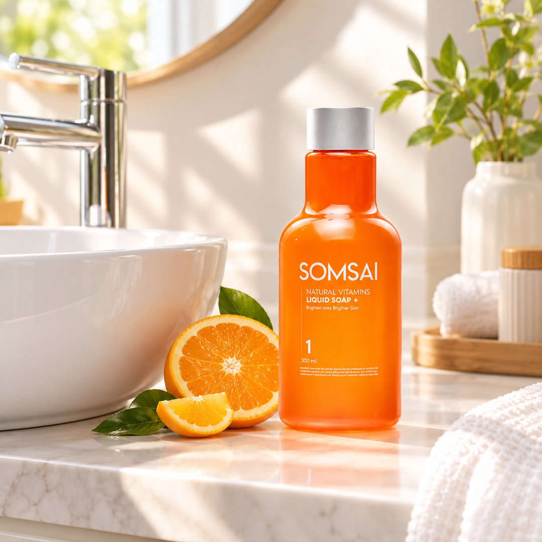 Somsai Liquid Soap+ 300 ml beside a clean sink