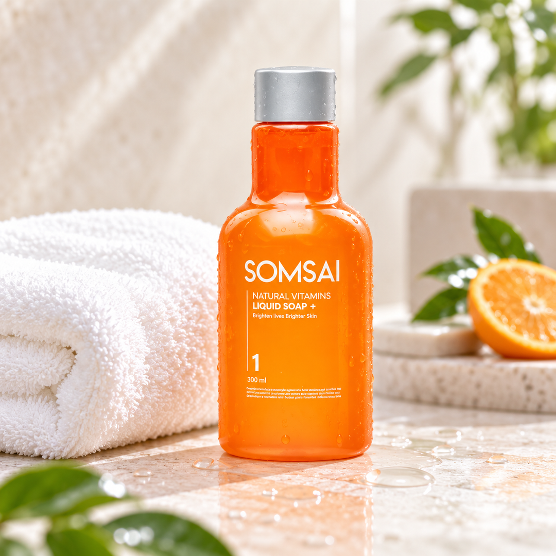 Somsai Liquid Soap+ 300 ml with towel and water droplets