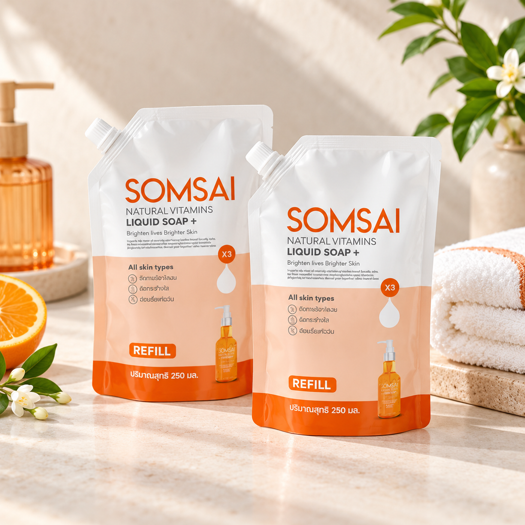 Two Somsai Liquid Soap+ refill pouches in bathroom setting