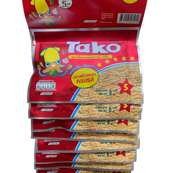 Tako shredded squid mixed flavour retail strip, individual sachets labelled 8 g