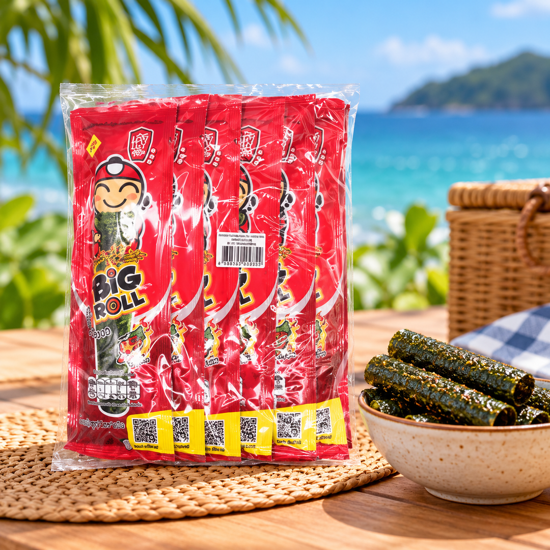 Tao Kae Noi Big Roll Spicy seaweed snack multipack lifestyle photograph