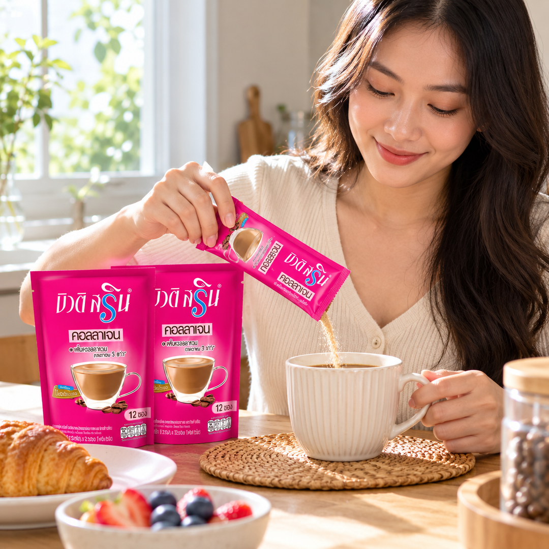 Beauti Srin Collagen Coffee — 12 × 12 g Sachets per Pack — product use demonstration