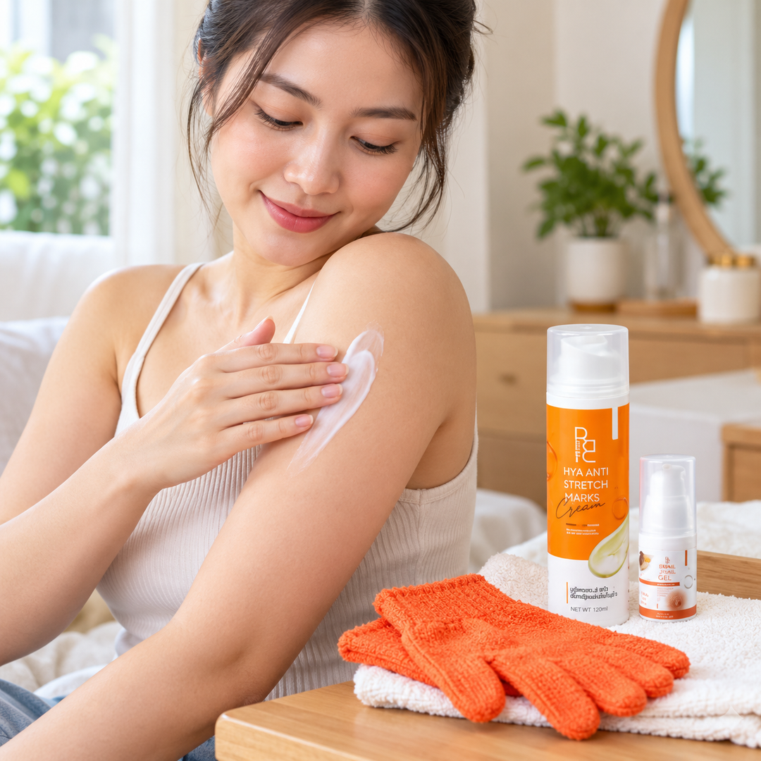 BE BETTER Body Care Set — Cream 120 ml + Gel 15 ml + Exfoliating Gloves — product use demonstration