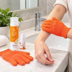 BE BETTER Body Care Set — Cream 120 ml + Gel 15 ml + Exfoliating Gloves — product use demonstration