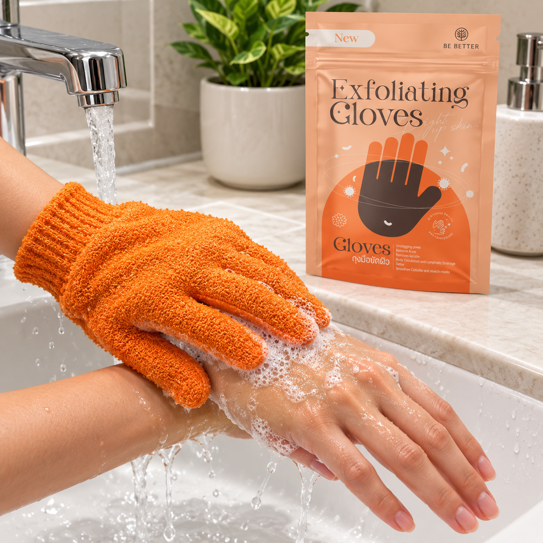 BE BETTER Exfoliating Gloves — 1 Pair per Pouch — product use demonstration