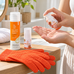 BE BETTER Body Care Set — Cream 120 ml + 2 × Gel 15 ml + Exfoliating Gloves — product use demonstration