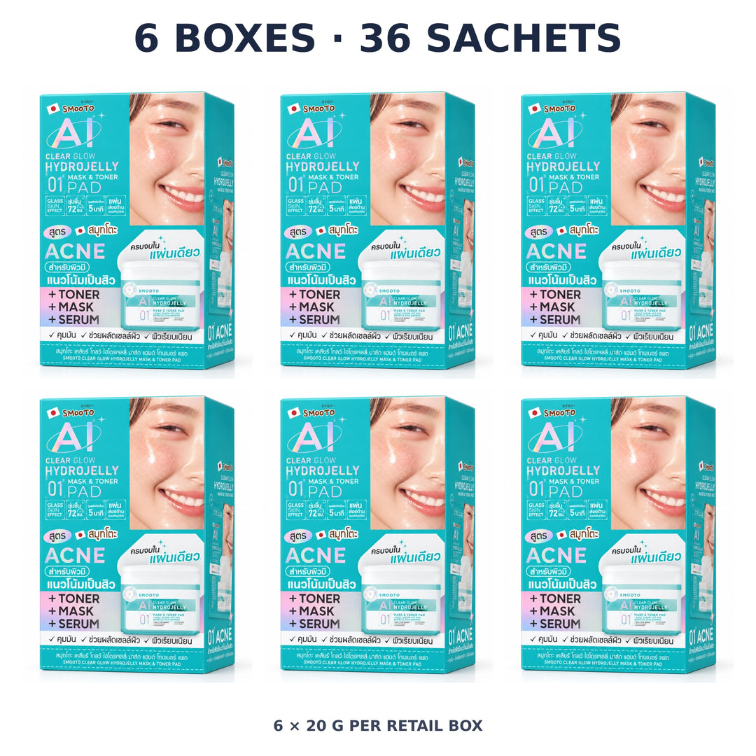 Smooto Hydrojelly Mask & Toner Pad Clear Glow 20 g — 6 Boxes · 36 Sachets