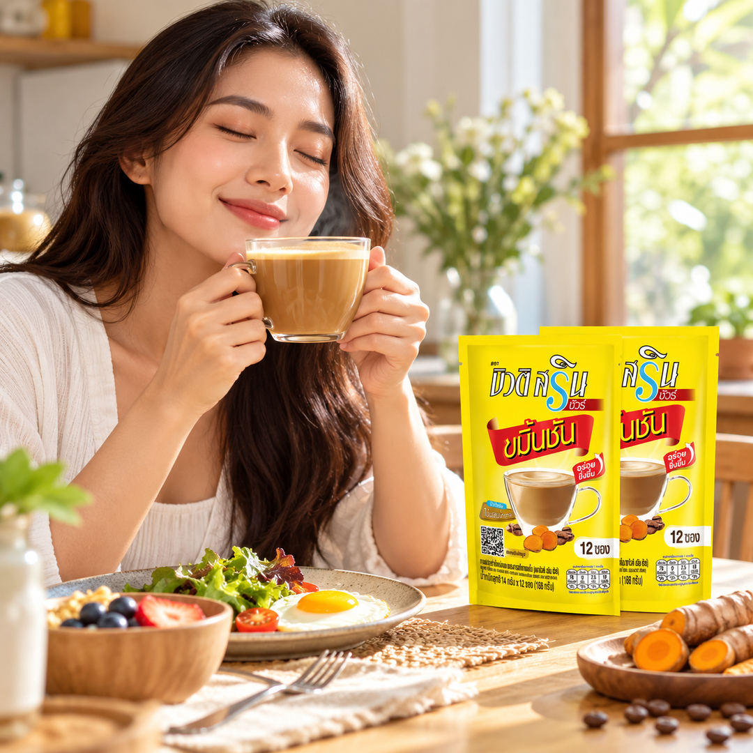 Beauti Srin Sure Instant Coffee with Turmeric — enjoying the prepared drink